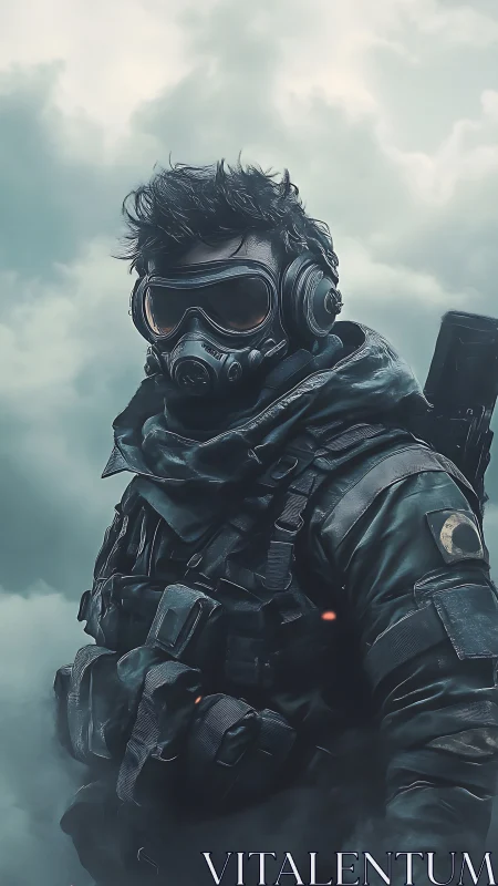 Stormy sky wanderer in tactical gear and gas mask.