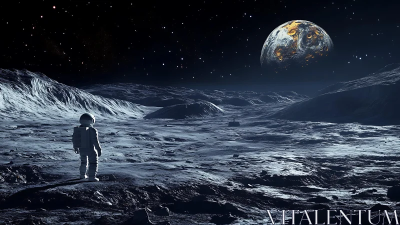 Lone moonwalker gazing at glowing Earth in a quiet sky.