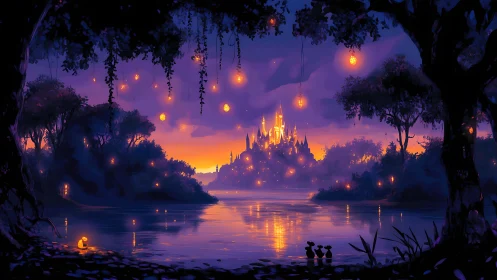 Enchanted lakeside kingdom glows beneath twilight sky.