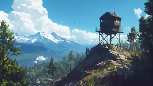 Elevated forest watchtower against alpine vista in digital painting.