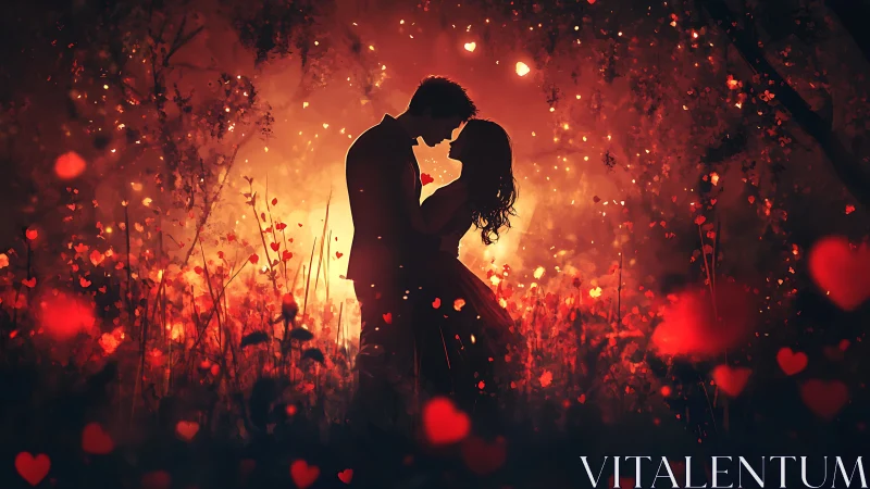 Silhouetted Couple Kissing Among Glowing Heart-Shaped Bokeh Particles