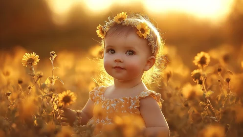 Radiant toddler positioned centrally in warm golden sunflower field during golden hour