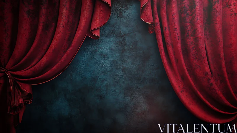 Velvet red curtains frame a dark, dramatic theater backdrop.