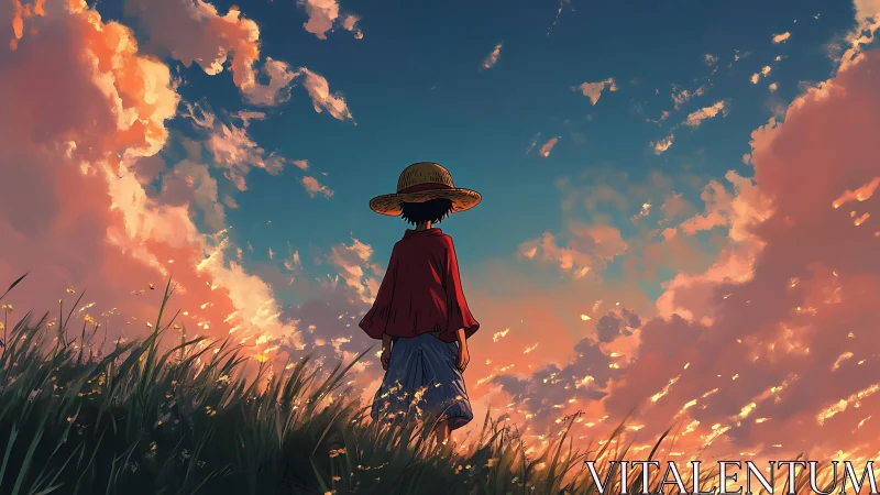 Backlit straw-hat silhouette under volumetric sunset cloudfield.