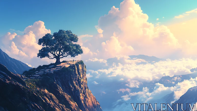 Lone tree on sunlit cliff above dense glowing clouds.