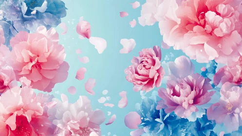 Floating Peonies Against Turquoise Sky.
