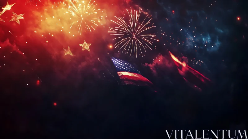 Fireworks over flag-filled night sky of bold celebration.