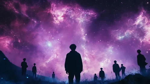 Stargazing silhouettes gather beneath a glowing purple cosmos