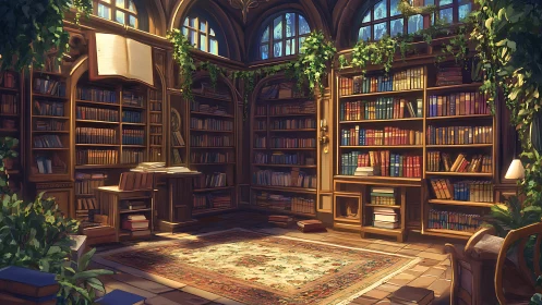 Sunlit library interior with plants and open bookshelves.