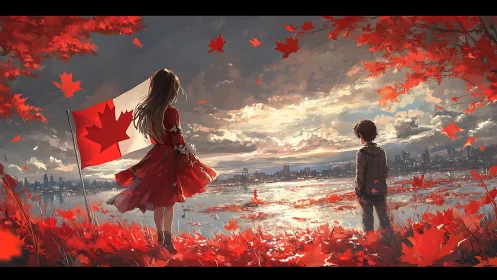 Children observing Canadian city at autumn lakeside.