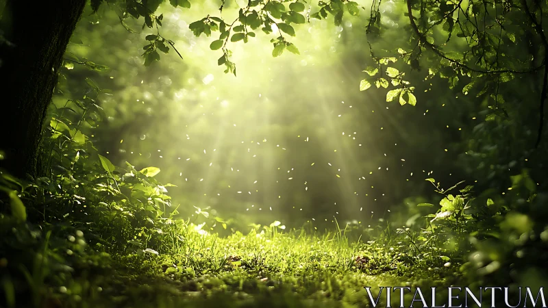 Sunlit Forest Clearing with Lush Greenery and Magical Atmosphere.