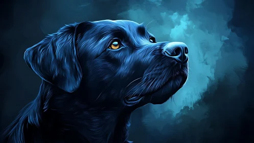 Black dog portrait rendered with blue digital lighting
