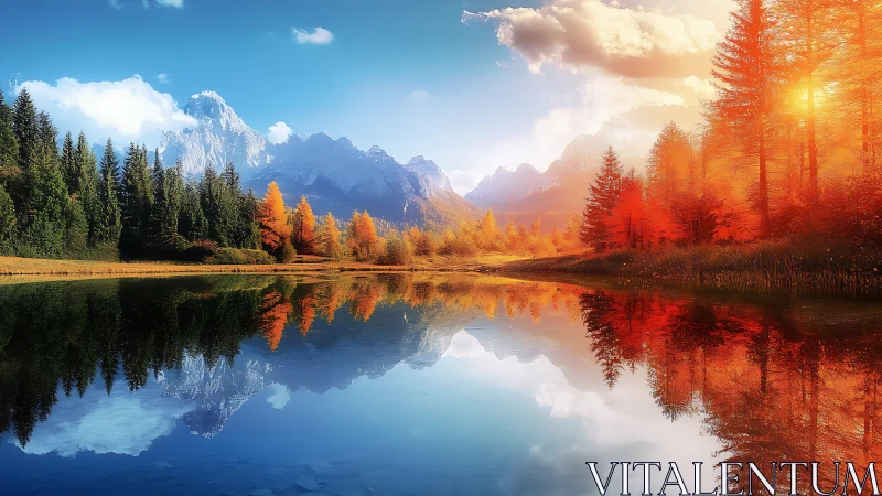 Mountain lake with vivid autumn forest reflection at sunset.