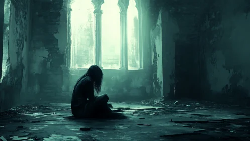 Solitary figure resting in soft light of a ruined hall.