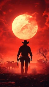 Lone cowboy strides under a blazing moonlit desert sky