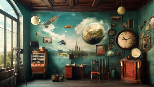 Interior study depicts surreal observatory room with mural