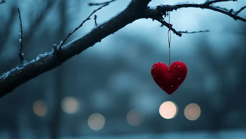Red heart ornament suspended from frost-covered branch.