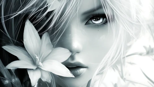 Silver-haired ethereal portrait with luminous floral accent.