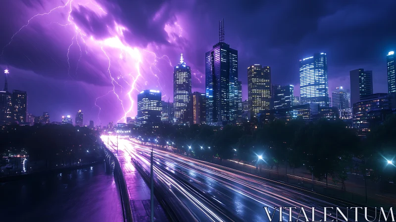 Electric night skyline glows under vivid purple lightning