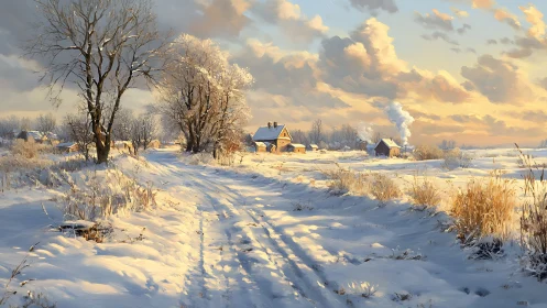 Snowlit lane to the smoking chimneys of a quiet village.