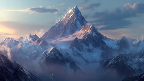 Snowy mountain peak above misty ridges at sunrise.
