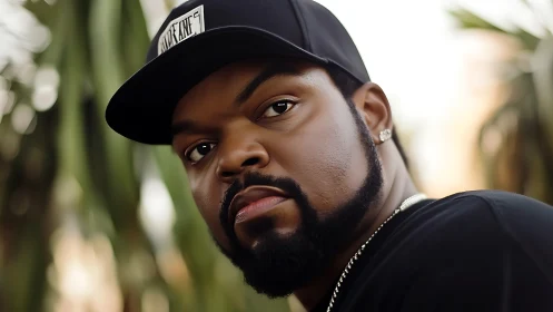 Close-up outdoor portrait of bearded man in black cap.