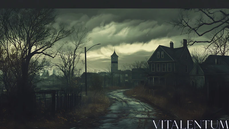 Deserted rural street under stormy sky at twilight.