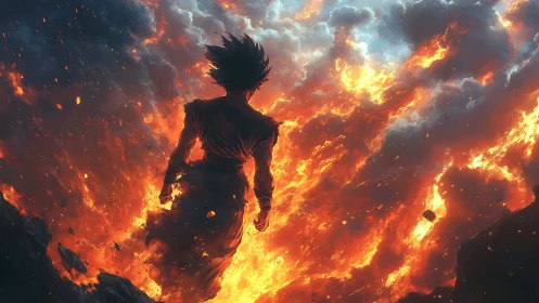 Lone warrior silhouette walking through roaring firestorm.