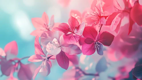 Pink bougainvillea flowers against turquoise sky.