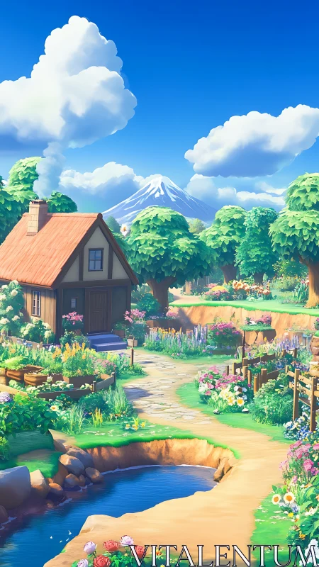 Idyllic cottage garden rendered as luminous digital landscape