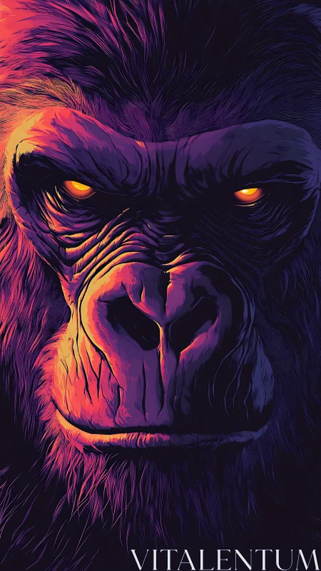 Fierce neon gorilla stares forward in dramatic darkness