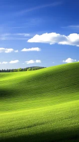Rolling green hillside beneath vivid blue summer sky.