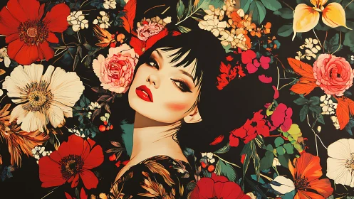 Elegant dark-haired woman surrounded by vivid blooming flowers