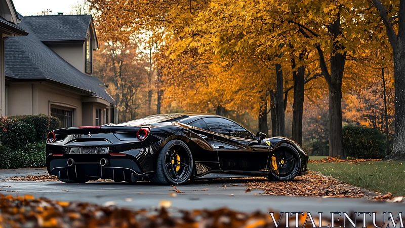 Black Ferrari sports car parked beside house in autumn