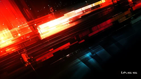 Abstract red and blue light streaks intersect on dark background