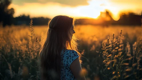 Woman in Meadow at Sunset, Warm Backlit Photography Style.