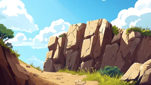 Sunlit sandstone cliffs with stylized blue sky and clouds.