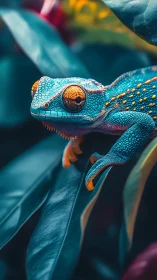Vivid blue chameleon grips leaf in lush tropical foliage.