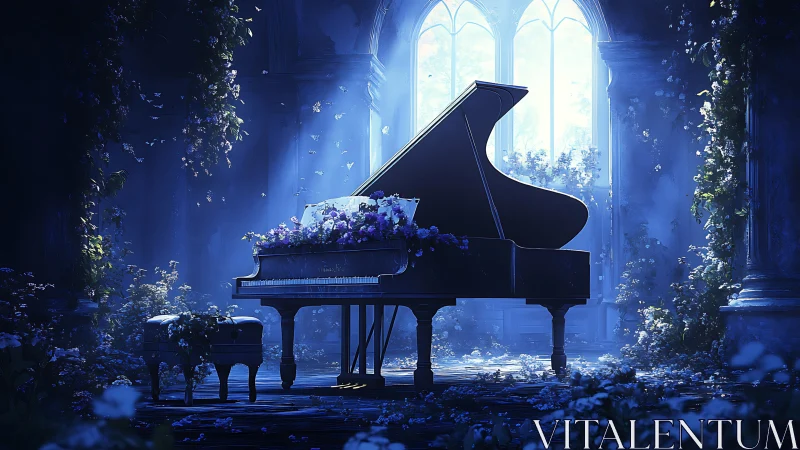 Grand piano in overgrown hall with blue ambient light.