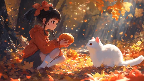 Autumn forest vignette frames girl and cat with pumpkin glow