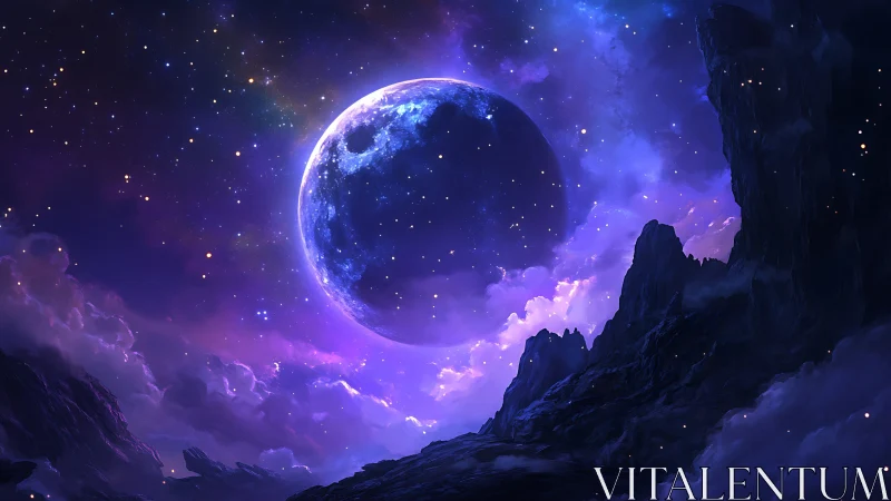 Dreamy cosmic moonrise over quiet violet mountainscape.