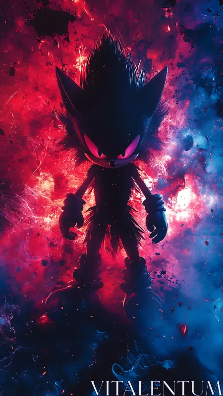 Shadowy hedgehog silhouette confronts a cosmic firestorm
