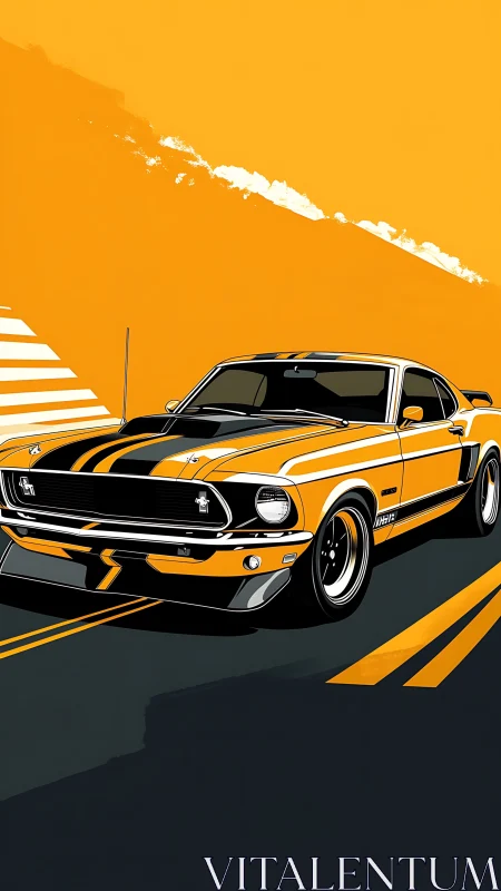 Classic muscle car illustration on stylized urban roadway.