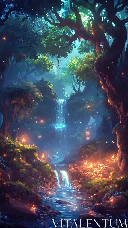 Enchanted forest waterfall glowing with soft, magical light.