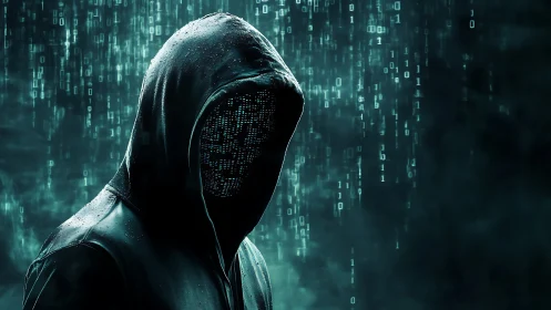 Hooded cyber figure stands in digital rain with code face