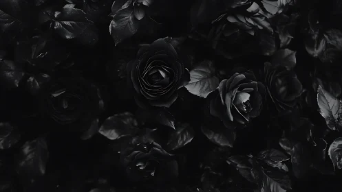Velvety black roses emerge from deep shadowed foliage.