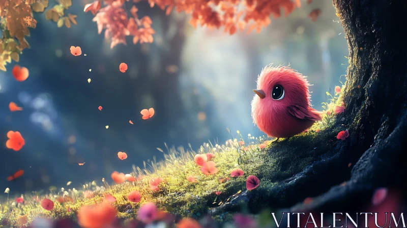 Cute fluffy red bird in magical forest, whimsical digital art.