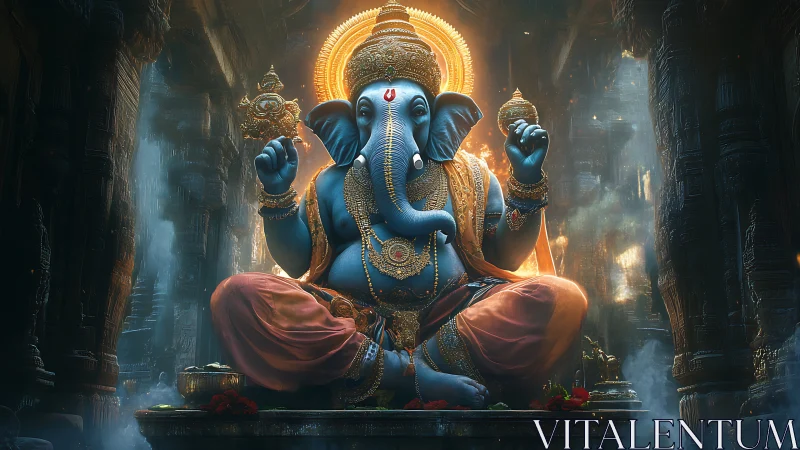 Blue Ganesha deity in ornate temple interior, warm volumetric light.