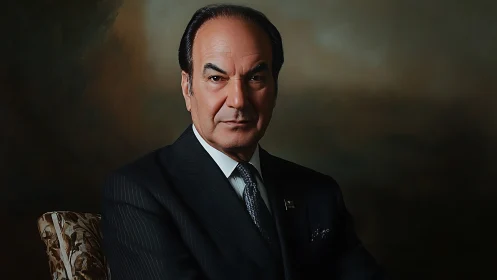 Steel-gazed gentleman in charcoal pinstripes, quietly commanding.