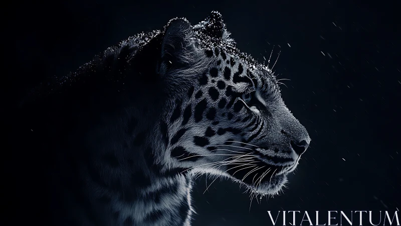 Snow-covered big cat photographed in profile against dark background.